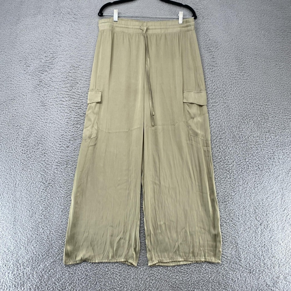 Rachel Zoe Pants Womens Large Beige Satin Cargo Wide Leg Crop Elastic Waist